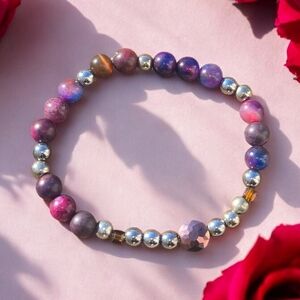 Sugilite & Silver Hematite Stretch Bracelet | 6–8mm Gemstone Beads | Handmade